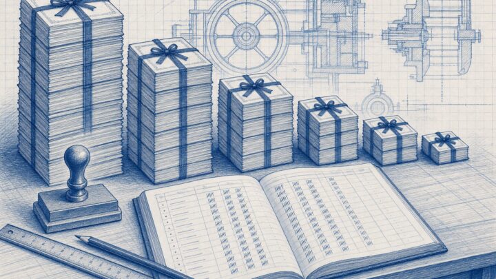 Engraved blue-ink drawing of bundled patent stacks arranged by height beside a ledger of tally marks